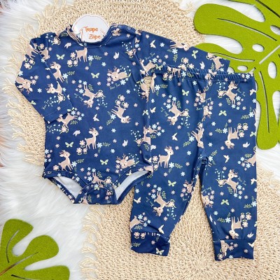 Conj. Body Manga Longa e Calça em Malha Térmica Rena com Flores - Azul Marinho